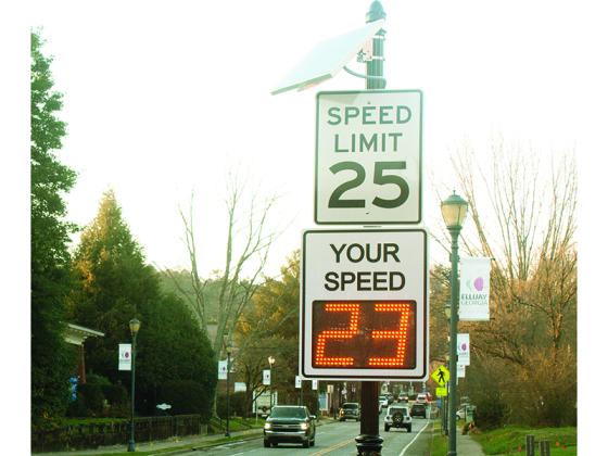 This solar-powered speed sign on River Street is among four of the traffic-calming devices recently installed around downtown Ellijay.