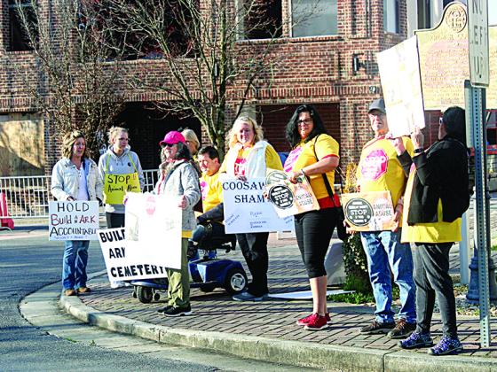 Protesters gathered near the Gilmer County Courthouse last Friday during the court arraignment of Susan Littlejohn, of Build an Ark Animal Rescue.  