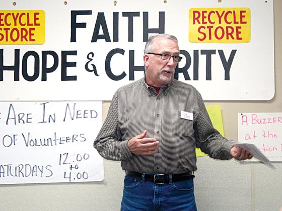 Kirk Cameron, of the Craddock Center, above, and Andrea Gibby, of Appalachian Children’s Center, below, speak about the purpose and goals of their organizations during a March 14 grant reception at Faith, Hope and Charity Recycle Store. 