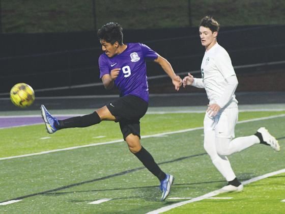 Gilmer High senior Melvin Oxlaj scores his second of three goals in last Friday’s 5-0 win over North Hall.