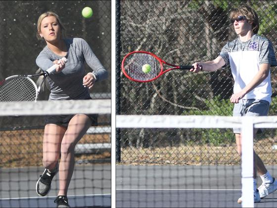 From left, are Gilmer High doubles Lady Cat Ellie Teague and Bobcat Larz Fowler during last Thursday’s senior night matches versus Pickens. Teague teamed up with Jessica Futch for a 6-4, 6-0 victory, while Fowler and Eder Martinez won 6-0, 6-2.