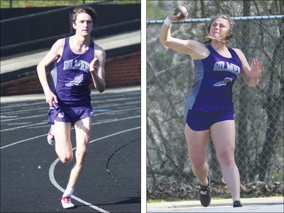 Zach Bobak runs his leg of the 4x800 relay, Jocelyn Birko tosses the shot put.