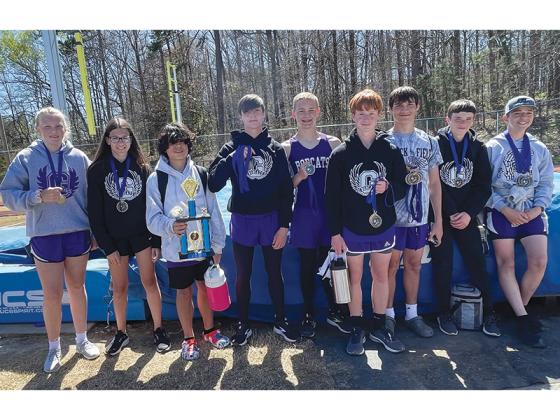 From left, are Clear Creek Middle School track and field athletes Piper McCormick, Abbie Elliott, Daniel Gonzales, Hunter Britain, Cheyne Smith, Harper Davenport, Bo Cronic, Leeland Dantin and Dawson Richards following the Ashworth Invitational.