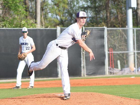 Gilmer High senior pitcher Seth Darling makes a pickoff attempt versus Lumpkin County last Friday. He struck out eight Indians in five innings.  