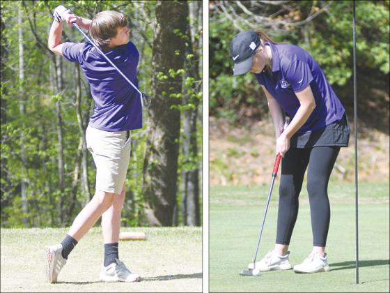 From left, Gilmer High’s Grant Ballew tees off, and Clara Smith lines up a putt during last Tuesday’s home match versus Union County.