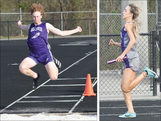 From left, are Gilmer High seniors Dominic Tarantino and Reagan Boling at last Tuesday’s home track meet. Tarantino won the triple jump and discus while Boling was the event’s top 400-meter runner.