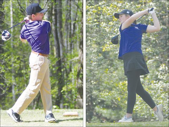 From left, Gilmer High seniors Carson Bentley and Clara Smith tee off at their final home match and posted respective scores of 96 and 85 at last Monday’s area golf tournament.
