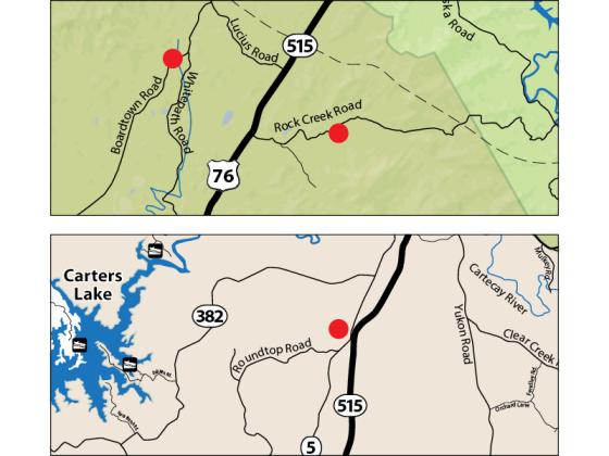 Two of the bridges are on Rock Creek Road, another is on Boardtown at or near the intersection of Whitepath Road (above). The final one is on Old Hwy. 5 near the address 4058 Old Highway 5 south (below).