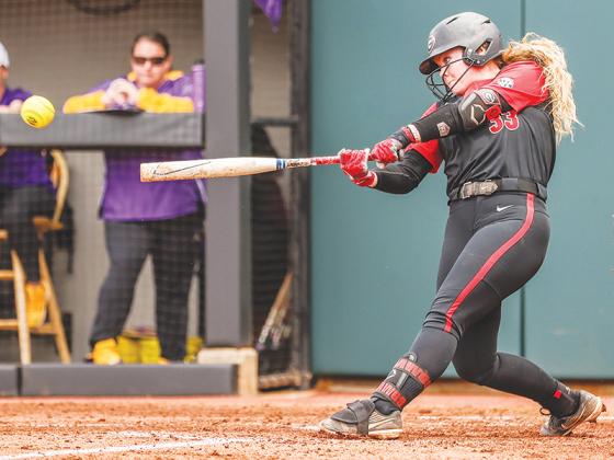 Georgia’s Sara Mosley laces one of five hits versus LSU on April 23 to become the second player in school history with a five-hit game. Pictured courtesy Mackenize Miles/UGA Athletics. 