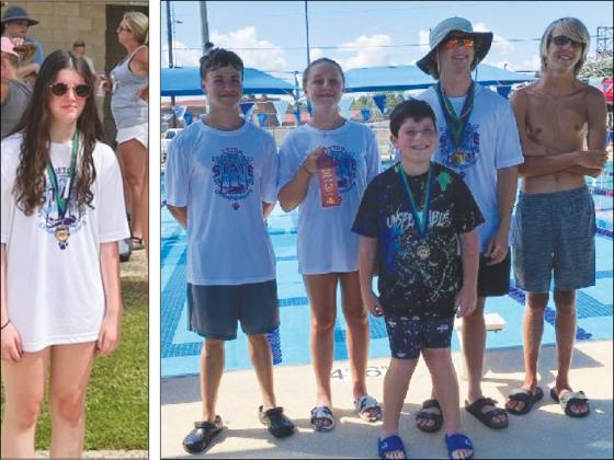 From left, are Gilmer Swim Team members Esther Bowman, Jacob Kucera, Elizabeth Kucera, Ryder Johnstone, Law Lykins and Ty Cox.