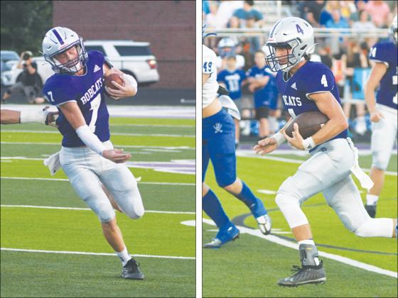 Gilmer High Bobcat halfback Hunter Watkins (7) and quarterback Issac Rellinger (4) break into the open field for touchdown runs last Friday against Fannin County. Watkins finished with 208 rushing yards and two touchdowns on eight carries. Rellinger scored four touchdowns and totaled 160 yards of offense.