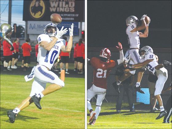 At left, Bobcat Will Kiker hauls in a 22-yard pass from Issac Rellinger for his second of three touchdowns versus Lakeview-Fort Oglethorpe last Friday. At right, he intercepts a pass at the end of the first half as Marcello Valle assists on the coverage.