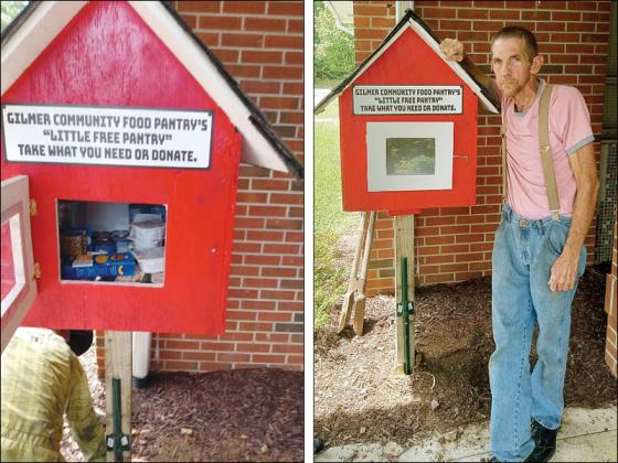At right, Randy Steele, a volunteer at the Gilmer Community Food Pantry, built the first little food pantry to go up in the county, also seen above.