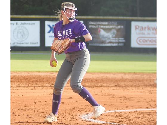 Gilmer senior Macy Hamby makes a throw to first, and she struck out seven batters in the Lady Cats’ win over Armuchee last Saturday. She hit a two-run home run versus Fannin County Monday and drove in four runs in Gilmer’s 10-1 win.