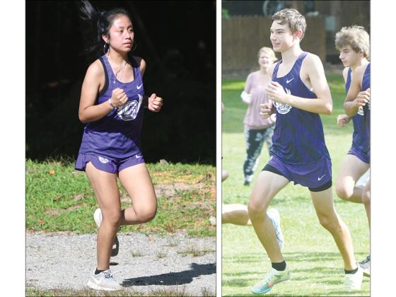 From left are Gilmer High’s Amelia Raymundo and Talyn Mesner. Raymundo was the first Lady Cat runner to cross the finish line last Thursday at Meeks Parks while Mesner led the way for the Bobcats in Rome.