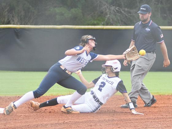 Gilmer High senior Maddie Wright steals second base during the Lady Cats’ 10-3 victory over the West Hall Spartans last Tuesday.