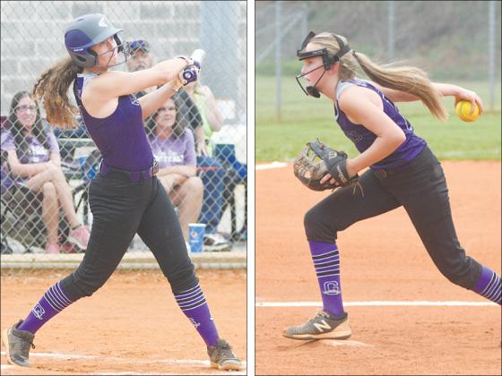 Above are Clear Creek Middle School softball players Jaylee McDaniel and Braylee Stewart. Both players helped the Lady Cats on the mound and offensively to earn wins over rivals Pickens and Fannin County.