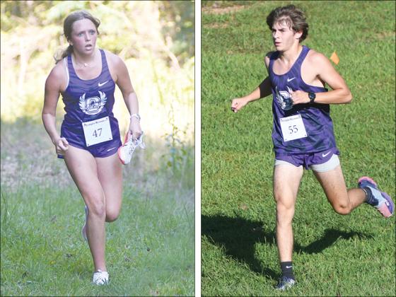 Above are Gilmer High cross-country runners Kamryn Baxter and Larz Fowler. Baxter was forced to carry her shoe after it fell off during the North Georgia Championships.