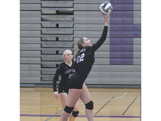 Gilmer High’s Anneliese Vaughn (22) hits the ball over the net and will be one of the Lady Cats’ returning starters next season.