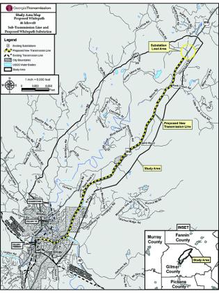 The proposed route for Georgia Transmission’s Whitepath Electric Reliability Project, which will run mostly along Highway 515, begins at Industrial Boulevard and ends near Cherry Log Street. 