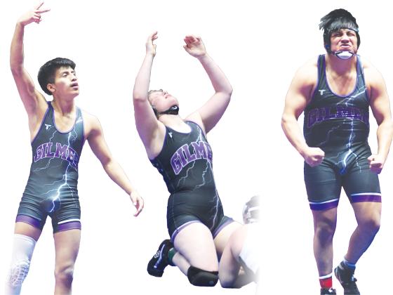 From left, are Gilmer’s state champions. Juan Rafael celebrates his second straight title, Taylor Schiesser falls to her knees after her championship triumph, and Diego Jacinto flexes for the crowd following his sudden victory in overtime. Rafael and Jacinto are seniors and finished the season with respective records of 45-3 and 42-3. Schiesser posted a 47-1 record on the season and secured four wins over nationally-ranked opponents.