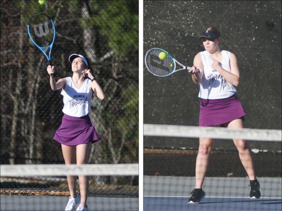 From left are Gilmer Lady Cat tennis players Katelyn Campbell and Lucy Ray. Both were victorious in their matches last week and helped GHS defeat Fannin County.