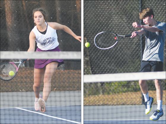 From left are Gilmer High School tennis players Bree Burnette and Rylan Freeman during last Tuesday’s match versus Pickens.