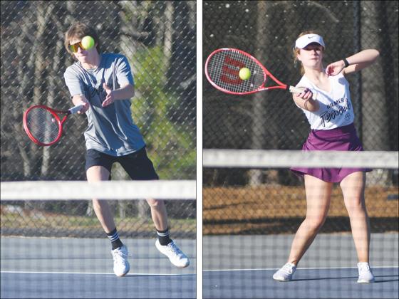 From left are Gilmer High doubles players Larz Fowler and Charlotte Davenport. They both won their respective matches last Tuesday to help GHS defeat White County.