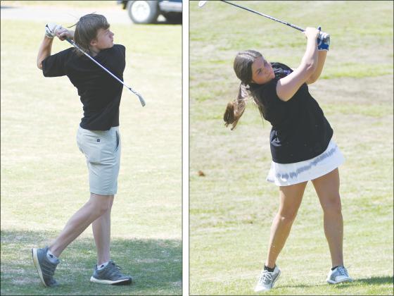 From left, Gilmer High Bobcat Grant Ballew and Lady Cat Anna Waddell hit approach shots versus Pickens last Thursday at Whitepath. Ballew posted a nine-hole score of 40, while Waddell shot a 45.
