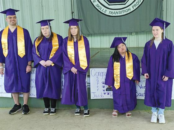 Gilmer High celebrated students and seniors (above) in its life skills transition program with a graduation ceremony and lunch (below) last Wednesday. This year’s super seniors included Jacob Powell, Sidney Clemmons, Shelby Clemmons, Veronica Bautista and Mary Bowman.