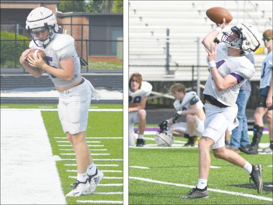 Gilmer High School halfback Kyle Cowart tiptoes the sideline for a catch from fellow rising junior quarterback Issac Rellinger at Monday’s practice.