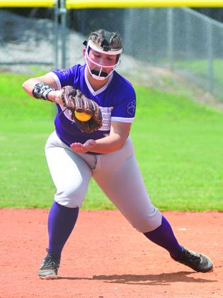 Gilmer senior first baseman Zoey Woody fields a sharply-hit ball versus Coahulla Creek last Saturday.