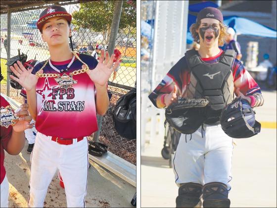 From left are, Gilmer’s River Rayborn and Peyton Ocobock. The duo earned second-team All-American honors after playing in the Future Pro Baseball World Series in Augusta.
