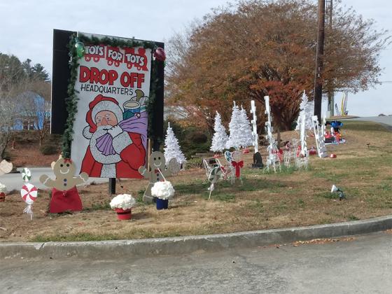 A festive scene greets passersby at the Gilmer Toys for Tots headquarters and pickup/drop-off location. This year, the local Toys for Tots location is on the second floor of the Truist Bank building on Maddox Drive. 