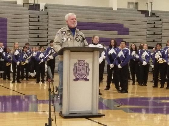 Guest speaker Ben Arp, a Vietnam War veteran and former Gilmer Schools Superintendent, talks about the purpose of Veterans Day, the wide-ranging duties of the American military and the countless sacrifices made by veterans.