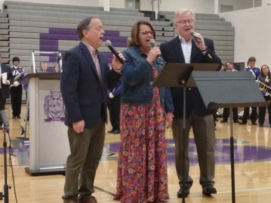 A trio of singers from Ellijay First Baptist Church performs a set of patriotic music. From left: Scott Eaton, Ginger Towns and David Frahm.