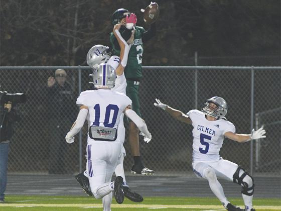 Gilmer High School safety Bo Cronic (17) breaks up a pass intended for Adairsville’s Tre Winters last Friday with fellow defensive backs Grant Ballew (10) and Hunter Britain (5) in coverage.