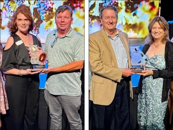 James Sturgeon, of White Path Creek Distillery, left, and Gary Engel, of Engelheim Vineyards, right, accept awards for their respective beverages at the 2023 Georgia Trustees Wine and Spirits Competition. 