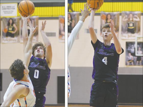 Gilmer’s Keegen Bryant (0) and Kohan Davis (4) attack the lane for points last Wednesday against Northwest Whitfield.