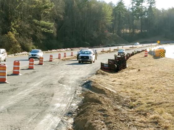 Roadwork near the Cecll Mathews Memorial (Turniptown Creek) Bridge on Highway 515 is being done to install a temporary bridge, which will carry traffic while the northbound section of the bridge is replaced.