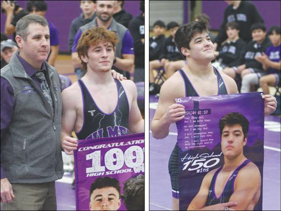 Gilmer High School seniors Bregan Berry and Carson Farist were recognized for their 100th and 150th career wins, respectively, last Thursday. Berry is pictured with dad and assistant coach Brent Berry.