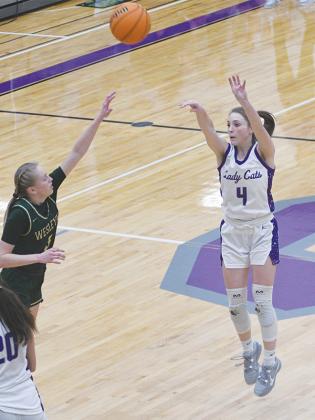 Gilmer junior Aliza Chastain shoots a three pointer versus Wesleyan and finished with a team-high 15 points.