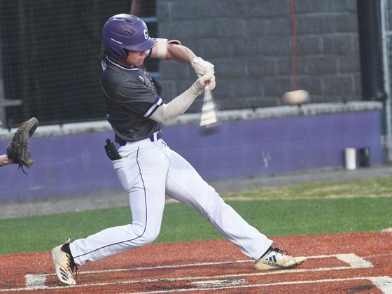 Gilmer High senior Ethan McCollum drives in a run in the first inning of Monday night’s 15-0 win over Fannin County. McCollum has driven in eight runs in four games this season. 