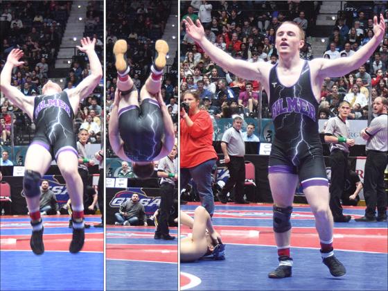 Gilmer High senior Bregan Berry executes a celebratory back flip following his victory over Columbus High School’s Tyler Nguyen in the Class 3A 132-pound state finals. 