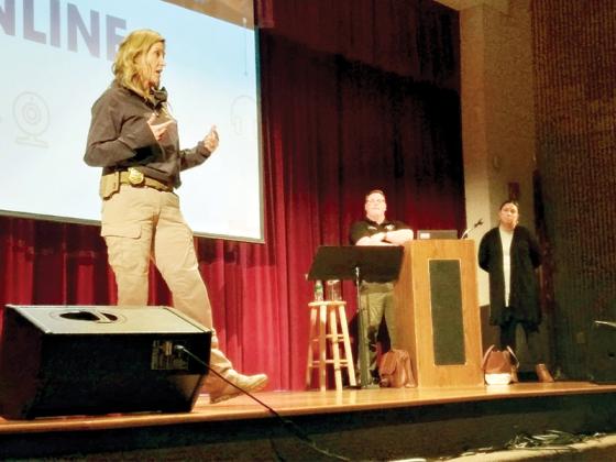 From left, GBI special agent Renea Green, Gilmer Sheriff’s Office Det. Trevor Stanfield and Juni Verser, of the Appalachian Children’s Center, give a Safer Internet Day presentation at the Ellijay Elementary School Auditorium.  