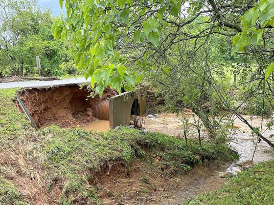 An area of Sunlight Road washed out during the severe storms that moved through May 8 and 9. (Gilmer Sheriff’s Office Facebook photo)