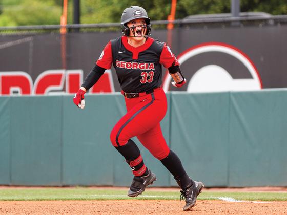 Gilmer’s Sara Mosley is overjoyed following another big hit for the University of Georgia this past season. She wrapped up her Bulldog softball career with a third straight selection to the All-SEC first team. (Photo Courtesy of UGA Athletic Association)