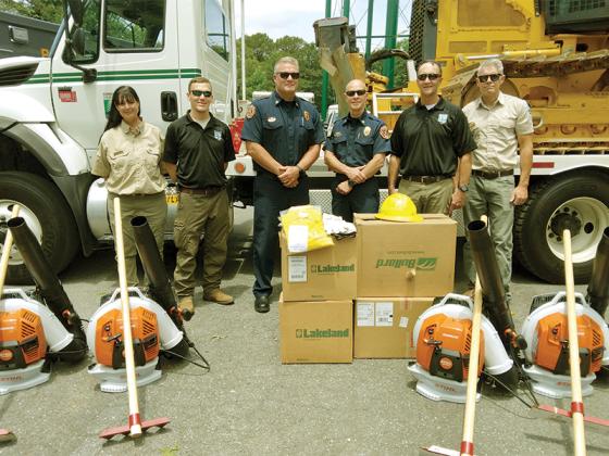 Gilmer Fire and Rescue received almost $4,000 worth of wildfire fighting equipment from a grant supplied by the Georgia Forestry Commission (GFC) and U.S. Forest Service. Pictured, from left: Emily Hamilton (GFC rural fire defense manager), Mason Turner (Gilmer/Pickens chief ranger), Jason Bryant (Gilmer Deputy Fire Chief), Daniel Kauffman (Gilmer Fire Chief), Leland Bass (GFC north region fire management officer) and Kris Butler (GFC area fire management officer). 