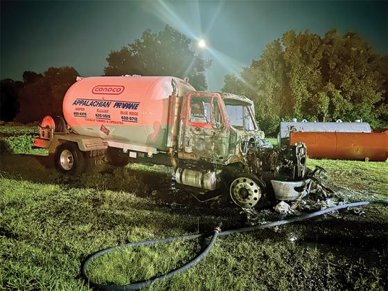 An Appalachian Propane truck is shown after firefighters put out a fire that started Monday night. (Ellijay Police Department photo)