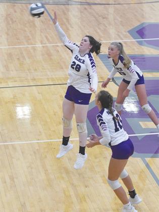 Senior Caylee Elrod (28) and Jace Sanderson (33) were Gilmer’s kill leaders versus Heritage last Thursday.